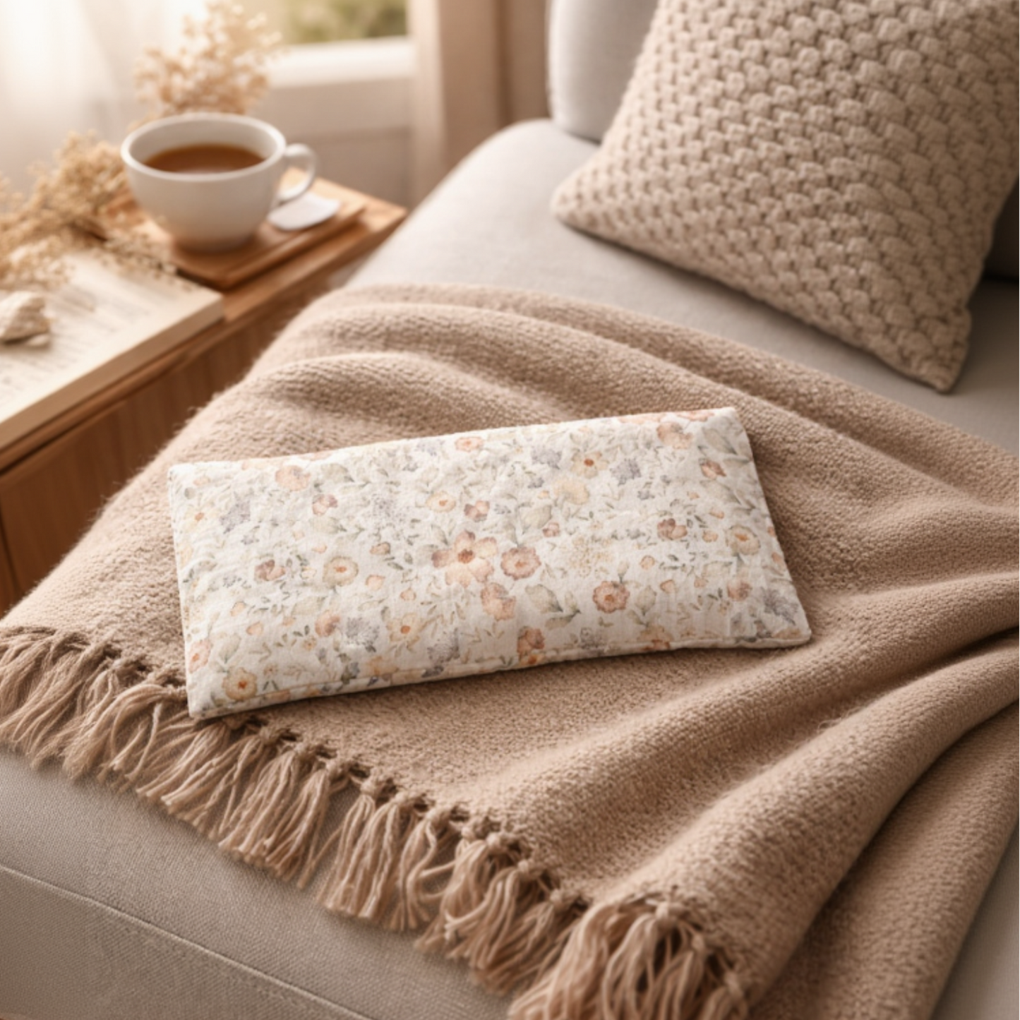 bouillotte aux graines de lin en coton imprimé en situation canapé