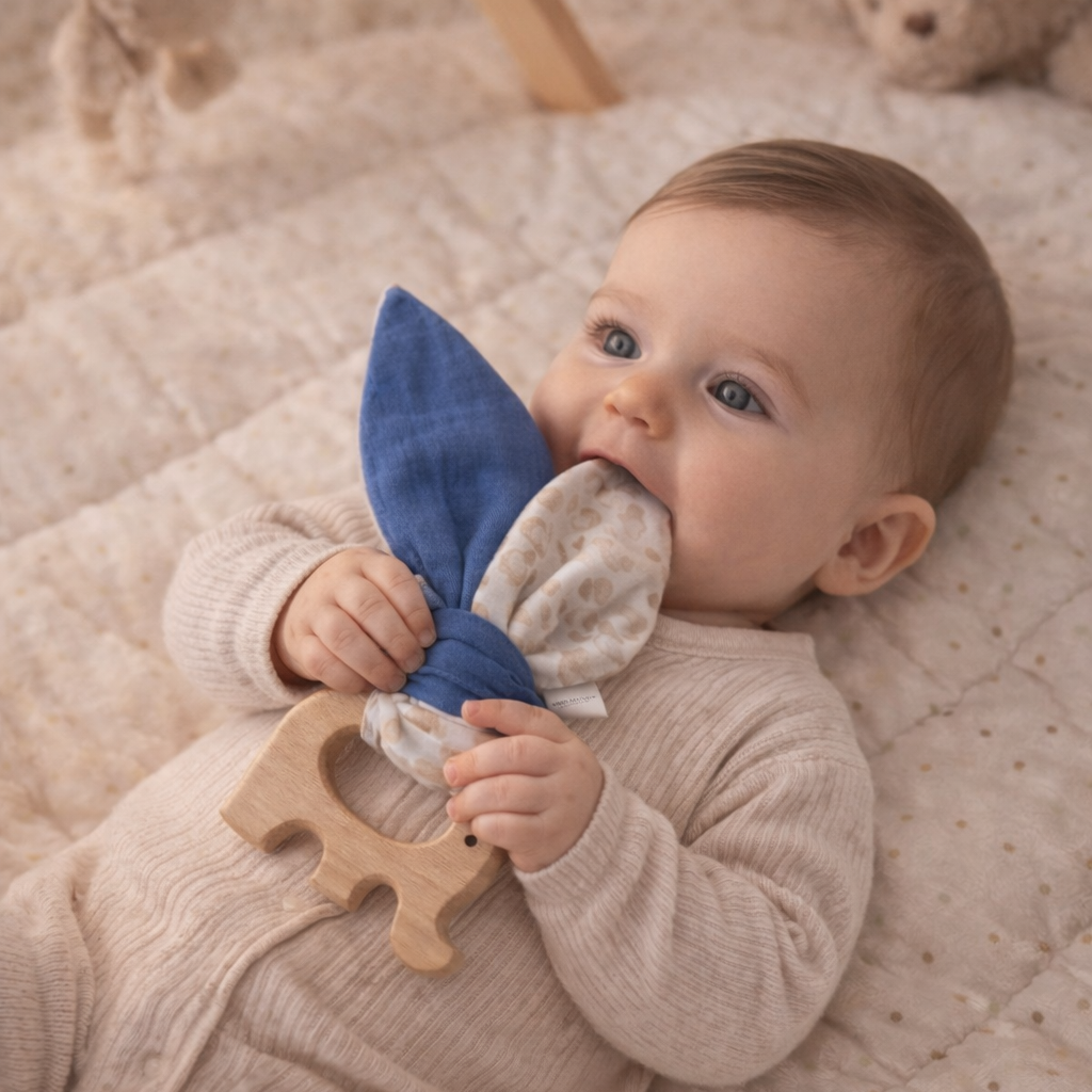 Bebe avec anneau de dentition en bois naturel et coton
