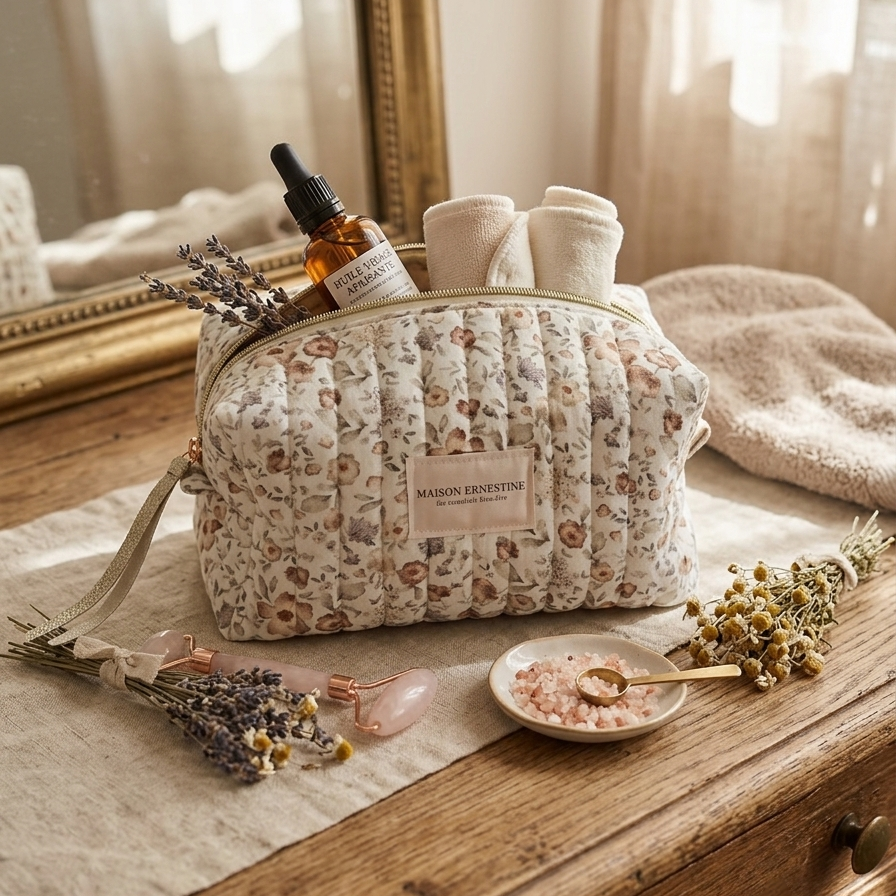 Trousse de toilette en coton fleuri intérieur waterproof 