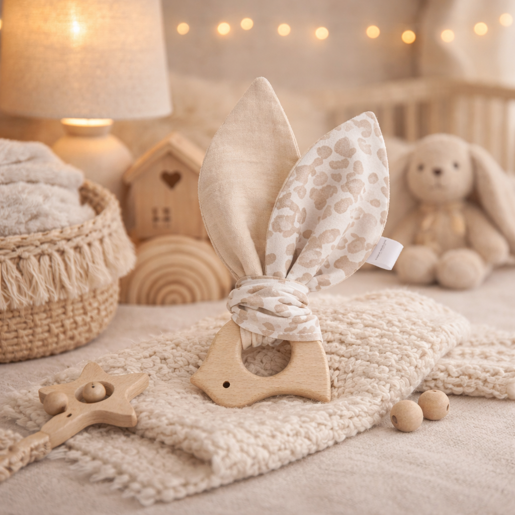 anneau de dentition en tissu et en bois naturelle beige d'oiseau dans une chambre cocooning d'enfant
