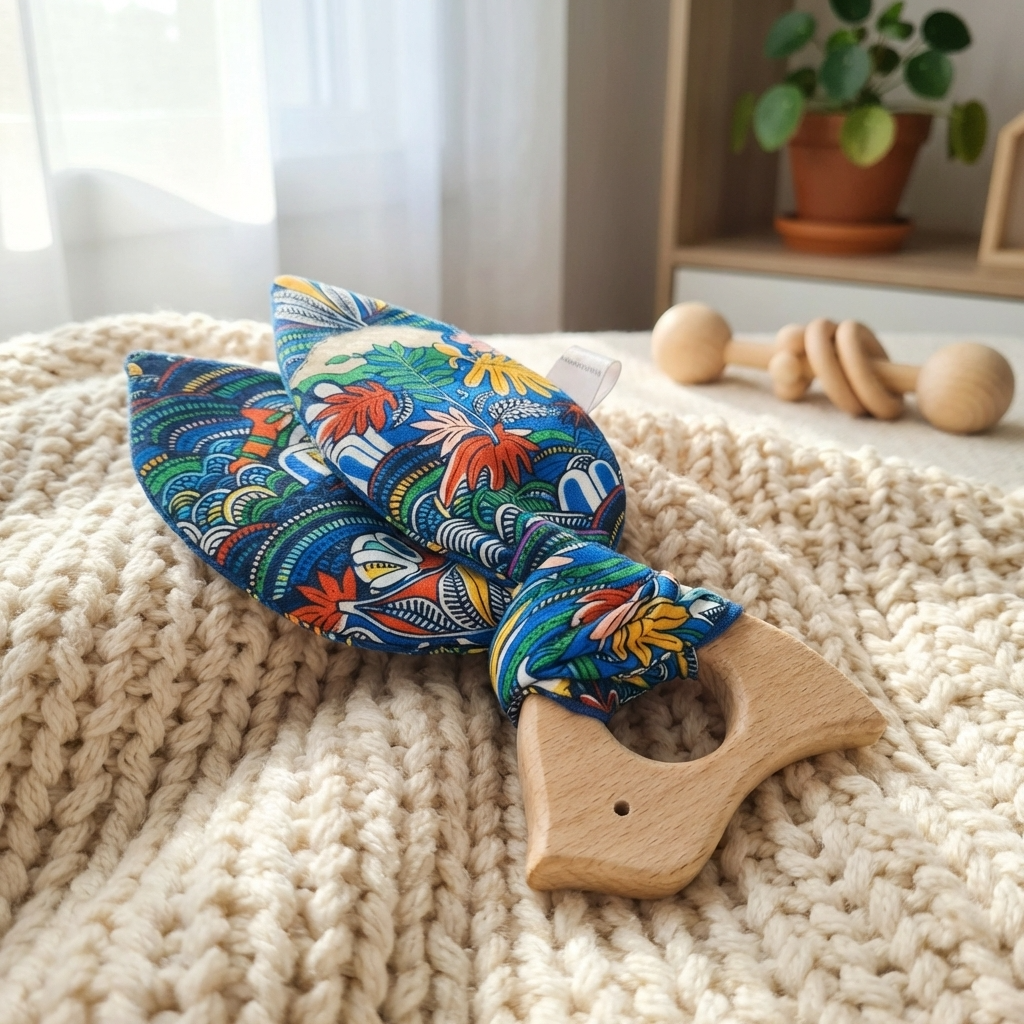 Anneau de dentition bébé bois et coton naturel collection capsule Anatole -Maison Ernestine
