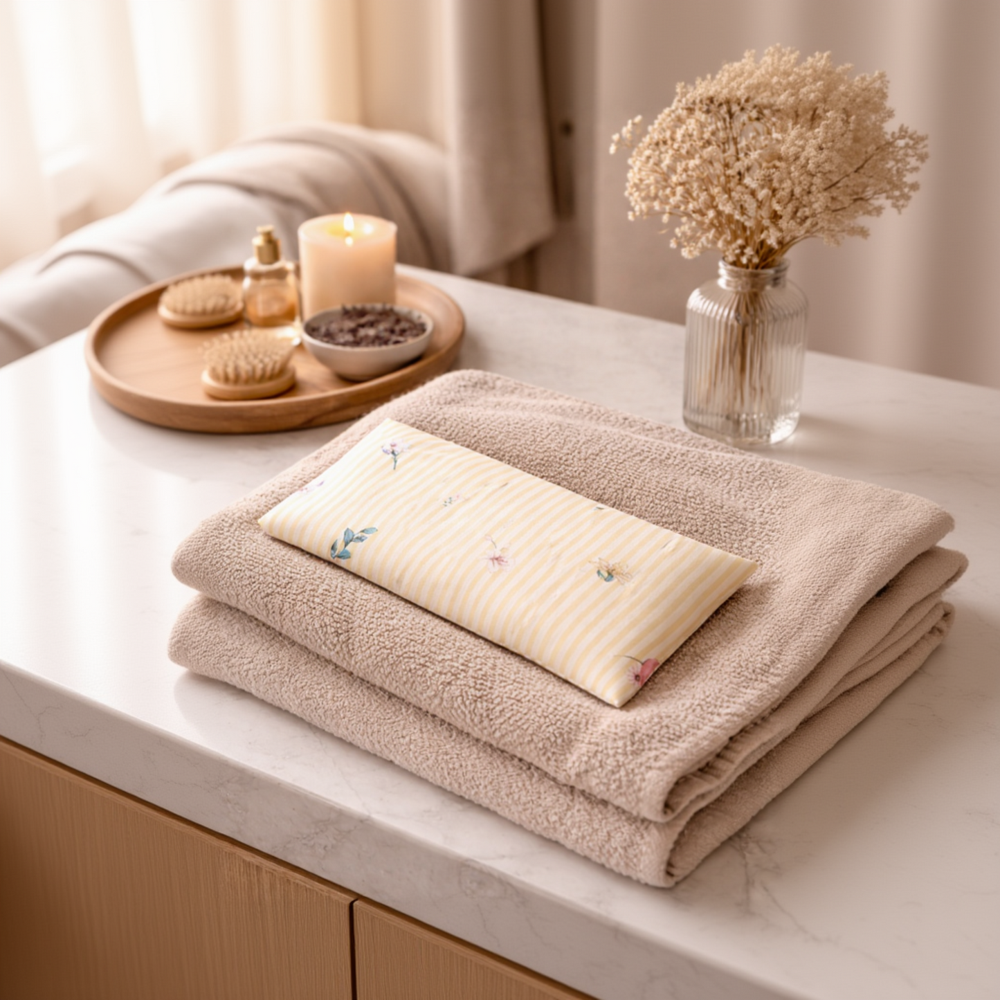 bouillotte aux graines de lin en situation spa coloris jaune rayé