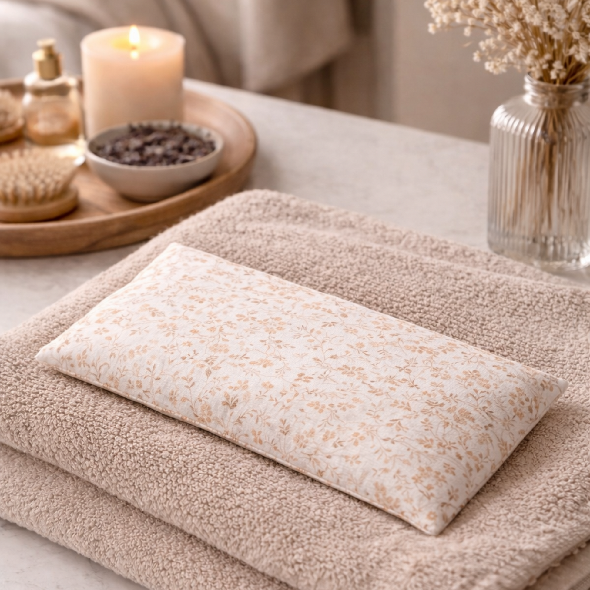 bouillotte aux graines de lin tissu fleuri en situation spa cocooning