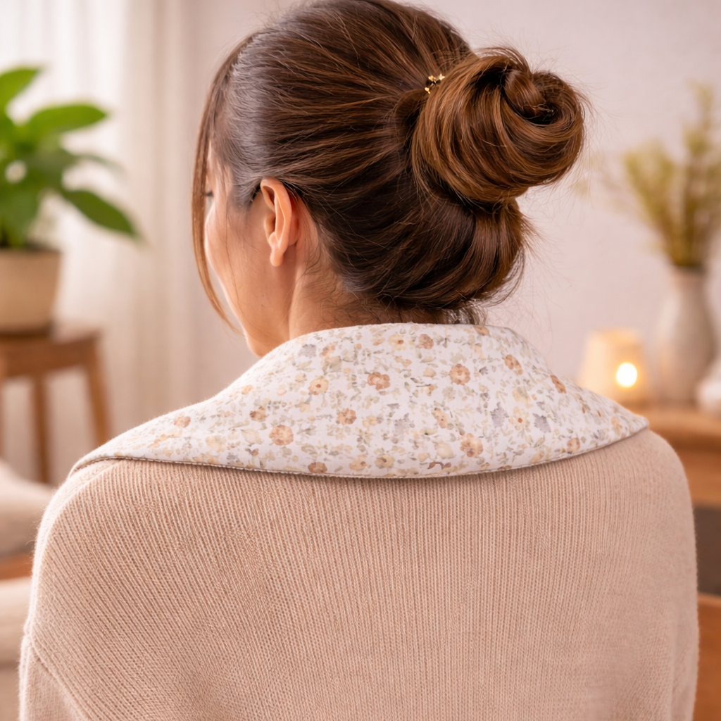 Bouillotte cervicale aux graines de lin vue portée épaules 
