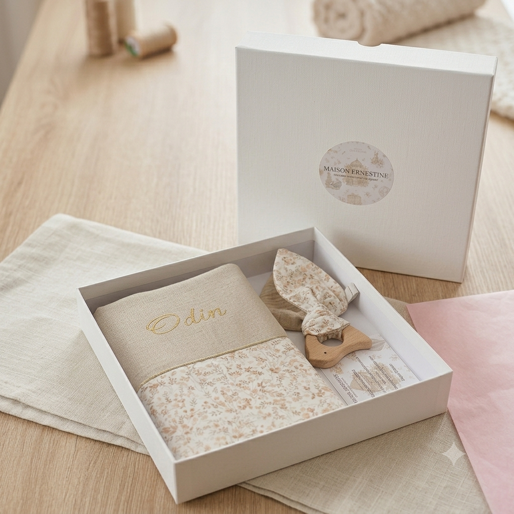Coffret naissance personnalisé Maison Ernestine contenant un protège carnet de santé écru à motifs brume végétale et son anneau de dentition en bois assorti.