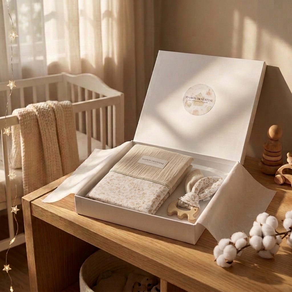 Coffret naissance personnalisé Maison Ernestine ouvert, contenant un protège carnet de santé couleur brume végétale et un anneau de dentition en bois.