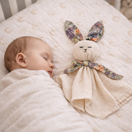 Doudou lapin bébé doux en double gaze dans un berceau