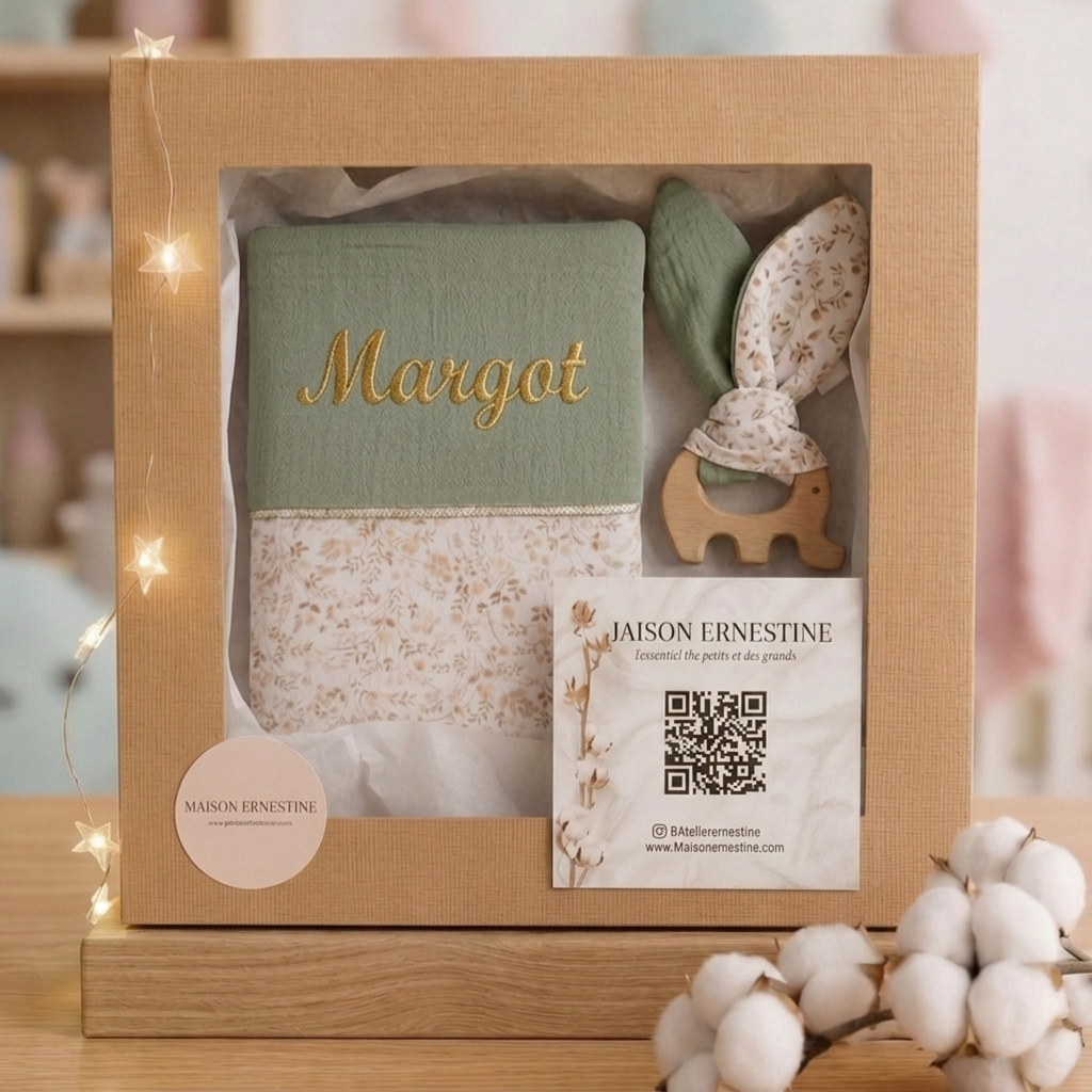 Coffret naissance personnalisé – Protège carnet de santé & anneau de dentition