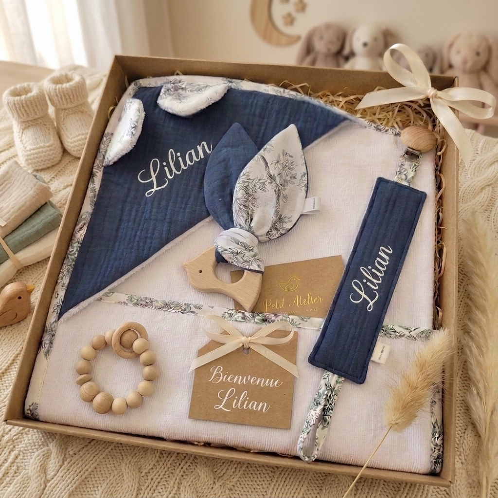 Coffret naissance personnalisé – Cadeau bébé prêt à offrir ( cape de bain + accessoires)