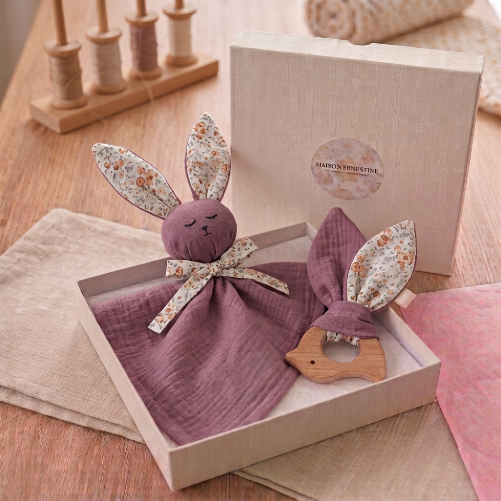 Coffret naissance doudou lapin et anneau de dentition – cadeau bébé personnalisé | Maison Ernestine
