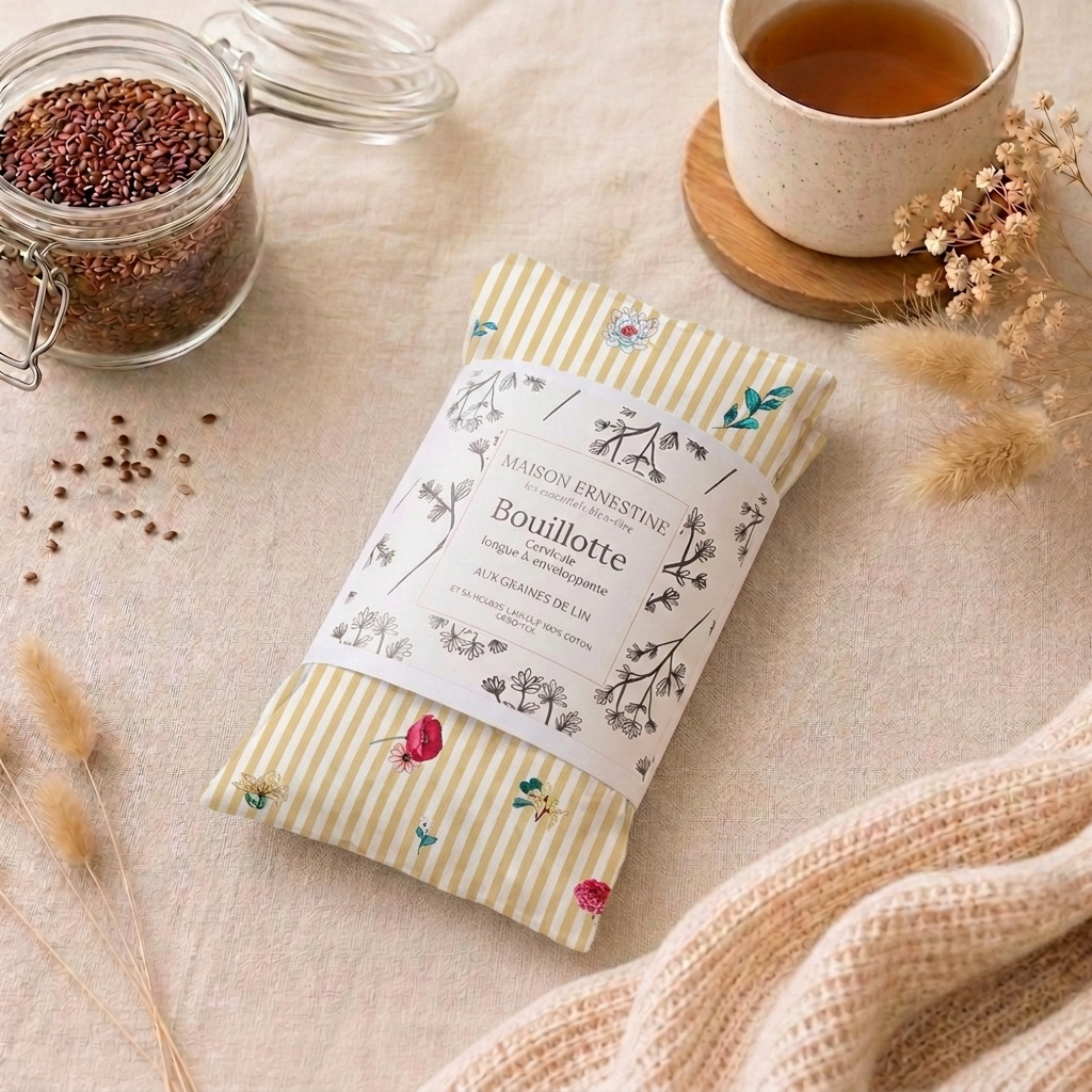 Bouillotte cervicale naturelle 60x10 cm compartimentée et déhoussable – Soulage les tensions de la nuque