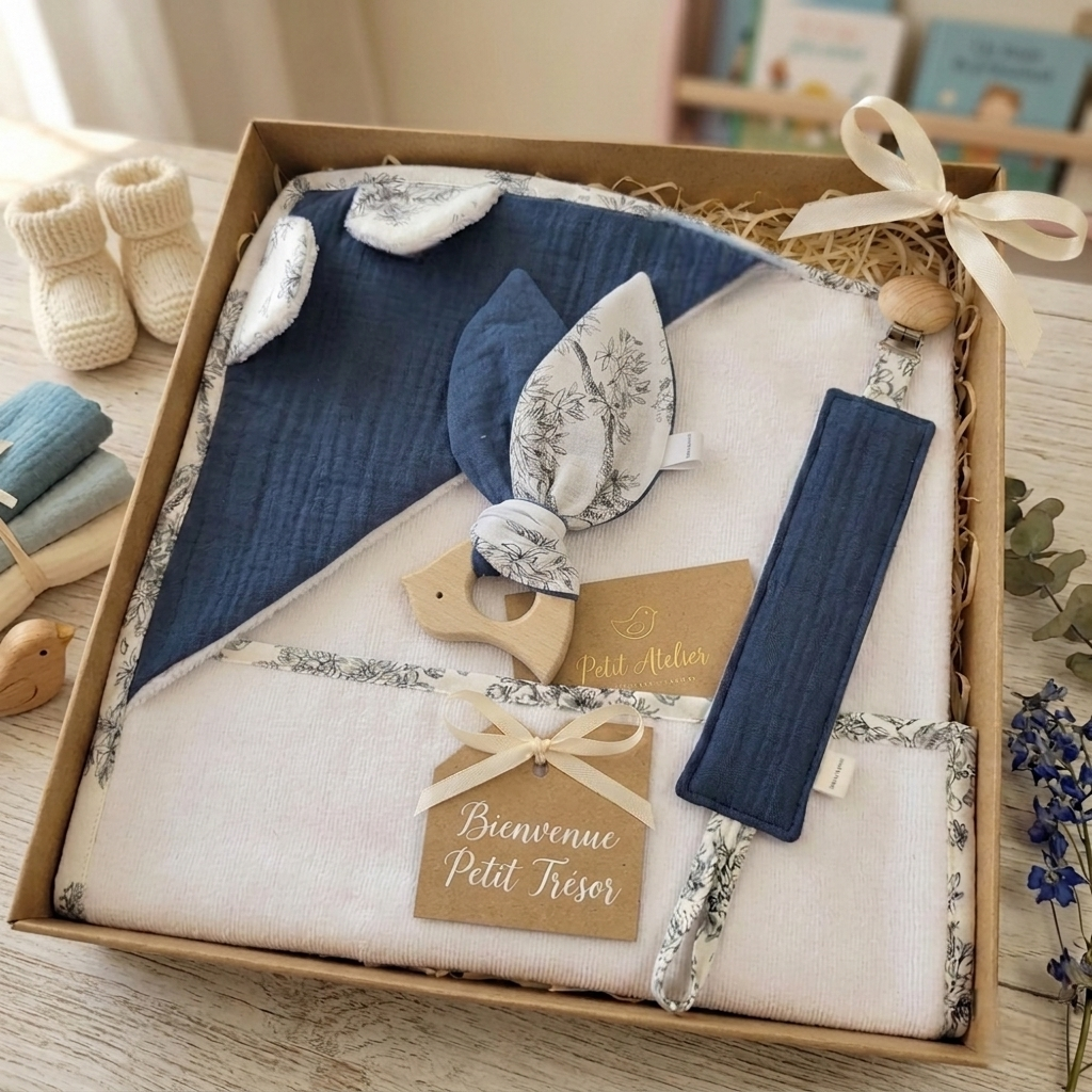 Coffret naissance personnalisé – Cadeau bébé prêt à offrir ( cape de bain + accessoires)