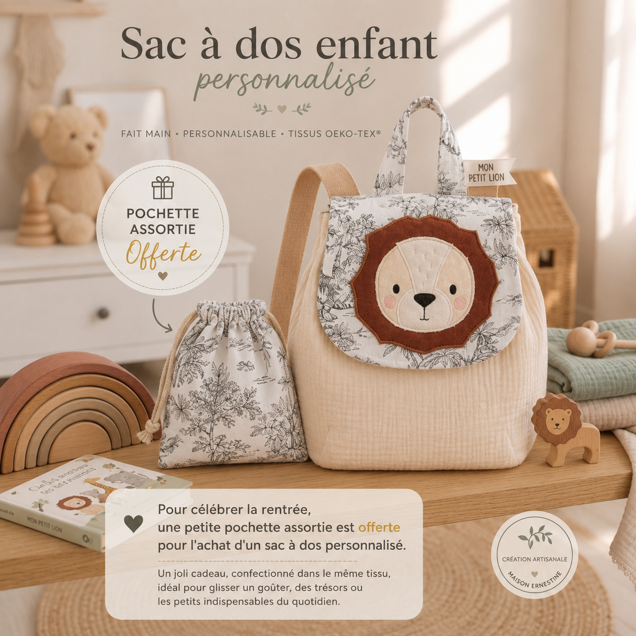 Sac à dos  bébé Lion personnalisable pour la crèche