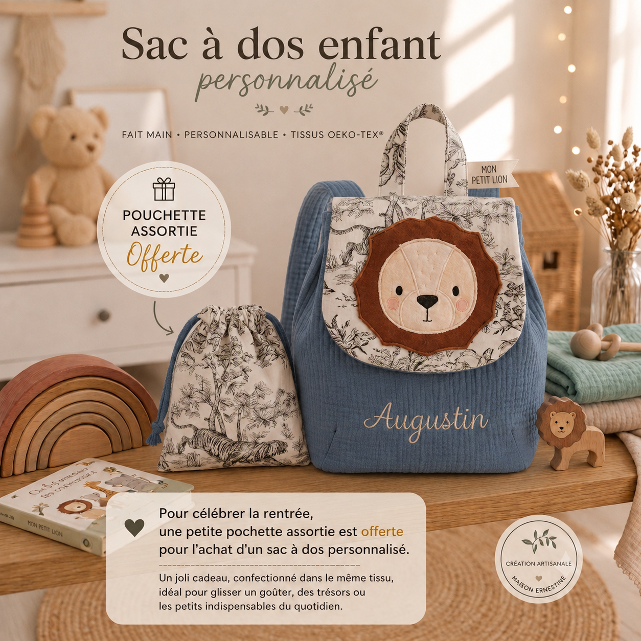 Sac à dos  bébé Lion personnalisable pour la crèche