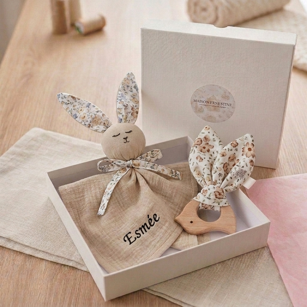Coffret naissance doudou lapin et anneau de dentition – cadeau bébé personnalisé | Maison Ernestine