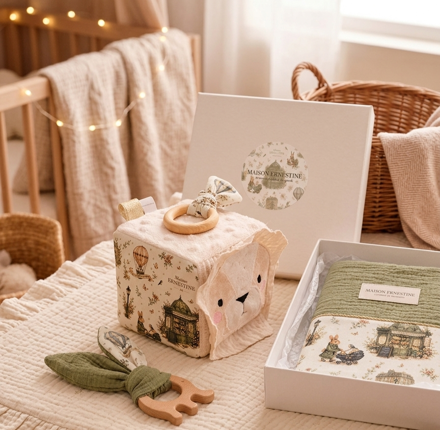 Cube d’éveil lion avec grelot collection signature kiosque aux merveilles Jouet sensoriel artisanal