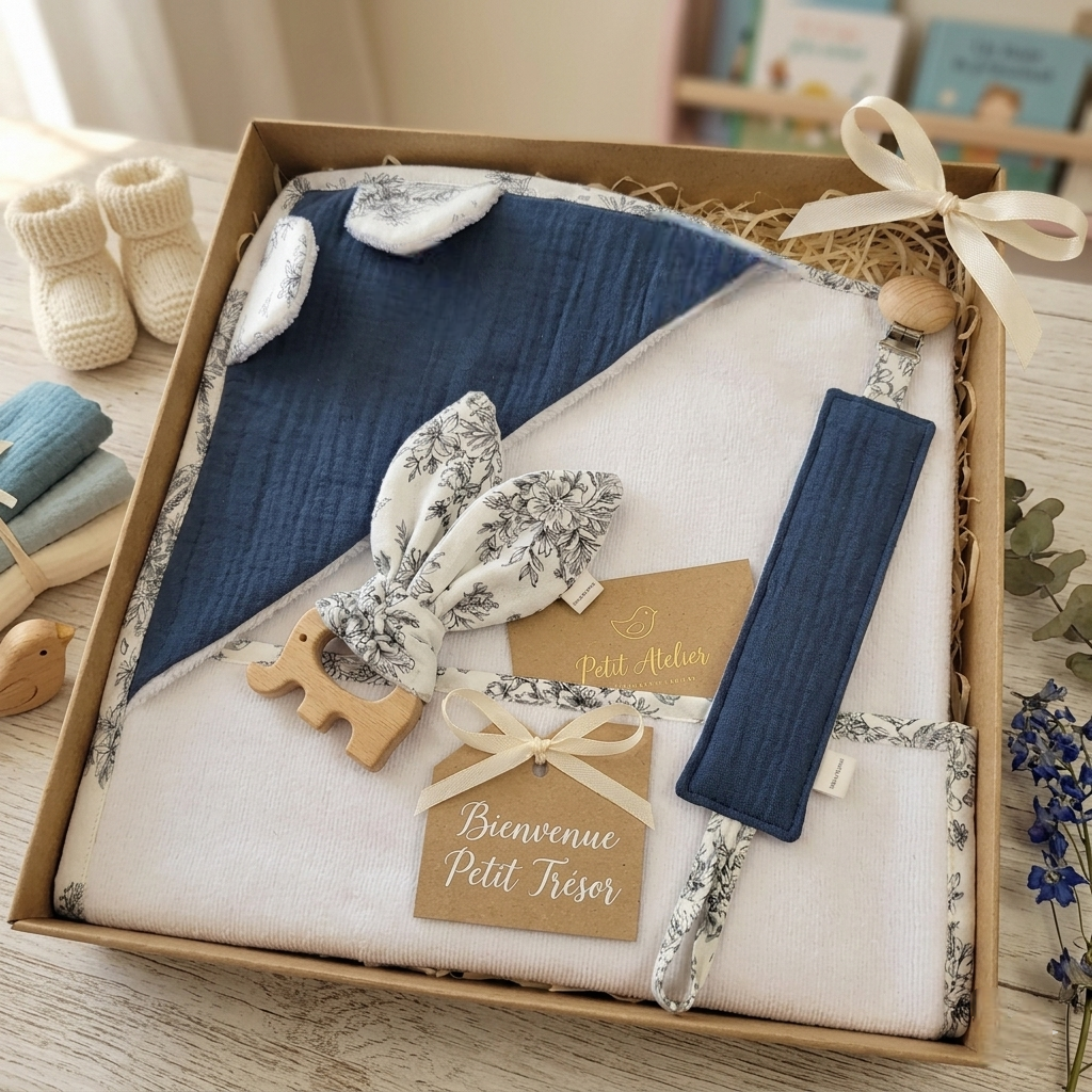 Coffret naissance personnalisé – Cadeau bébé prêt à offrir ( cape de bain + accessoires)