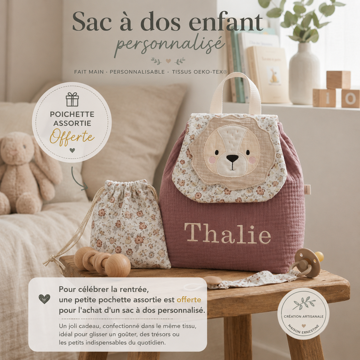 Sac à dos  bébé Lion personnalisable pour la crèche