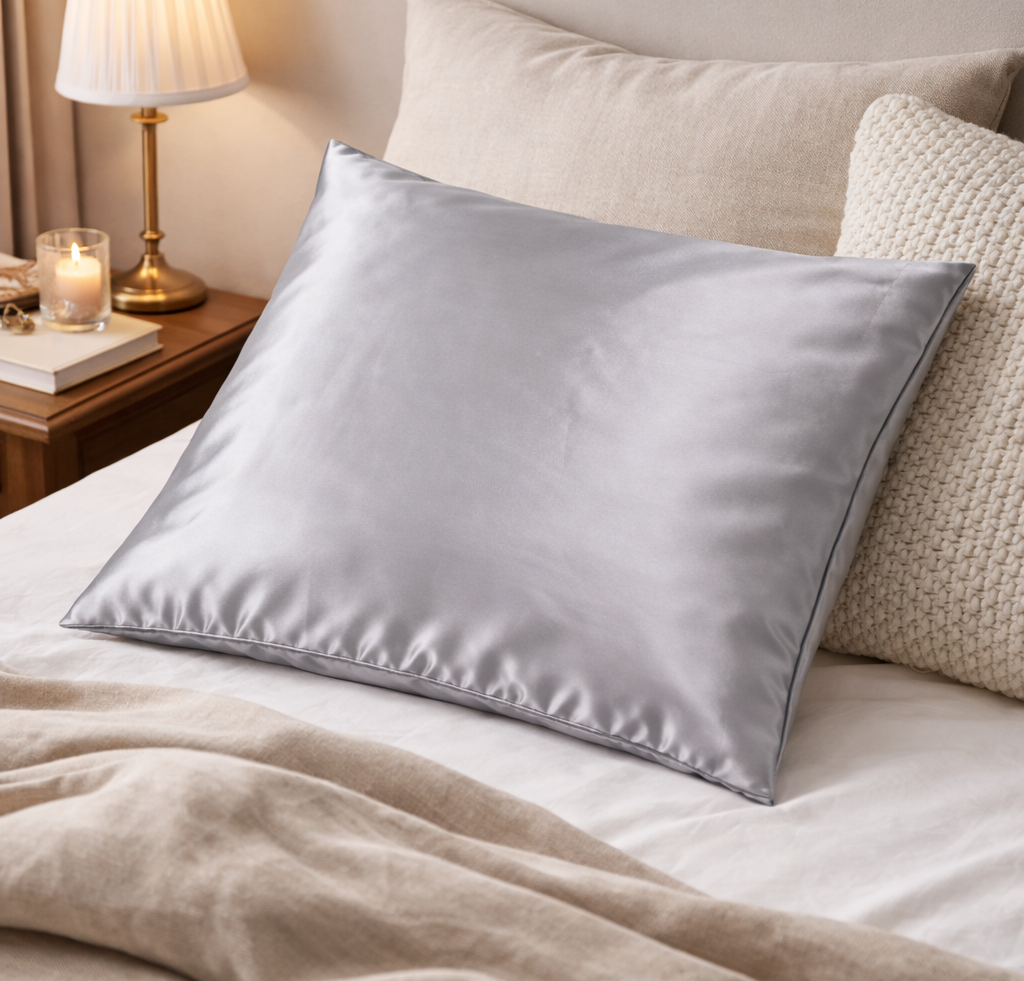 Oreiller satine gris perle et atmosphere douce