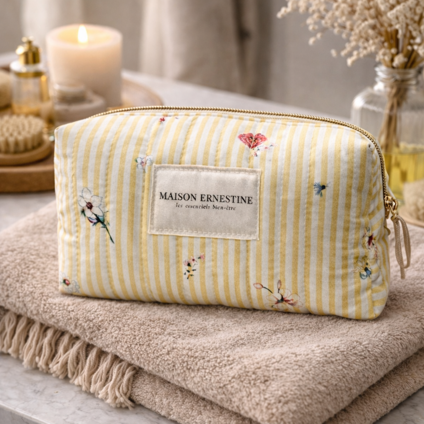trousse de toilette doublure waterproof grand format jaune rayé