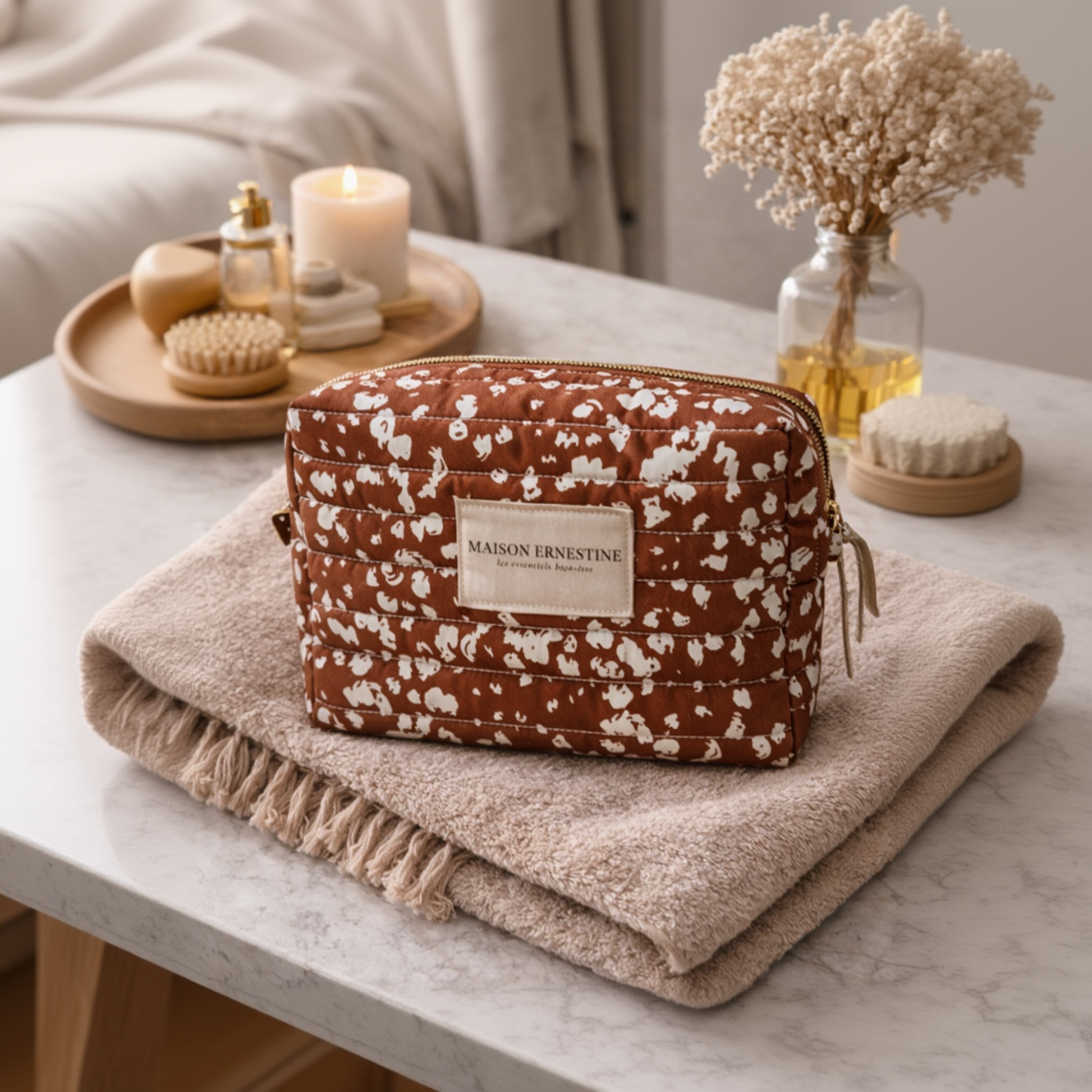 trousse de toilette moyen format en coton oeko-tex marron