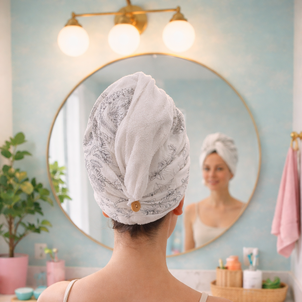 Serviette turban cheveux en éponge bambou absorbante portée salle de bain 